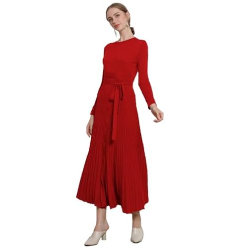 RanRui Womens Winter Fall Pleated Knitted Fit and Flare Long Sleeve Sweater Dress 6-8 A-wine