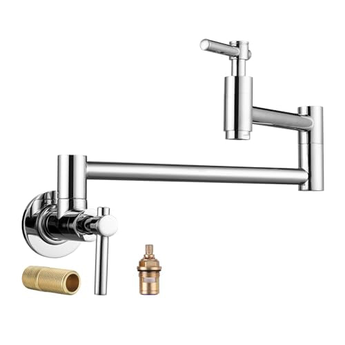 Wall Faucet, Pot Fillers Wall Mount for Kitchen, Solid Copper Chrome Pot Filler Single Hole Folding Faucet with Double Joint Swing Arm Pot Filler Over
