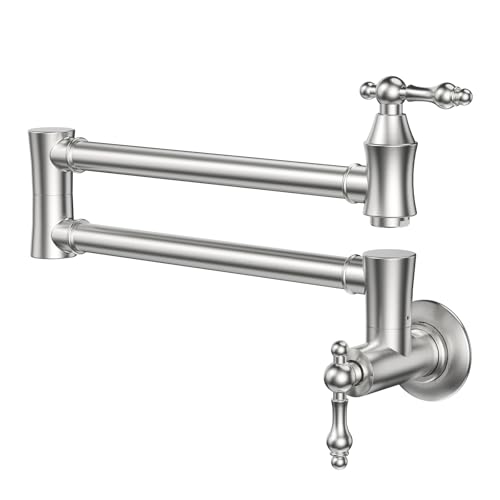 ARCORA Pot Filler, Traditional Brushed Nickel Pot Filler Wall Mount, 2 Handle Brass Stove Faucet with Double Joint Swing Arms