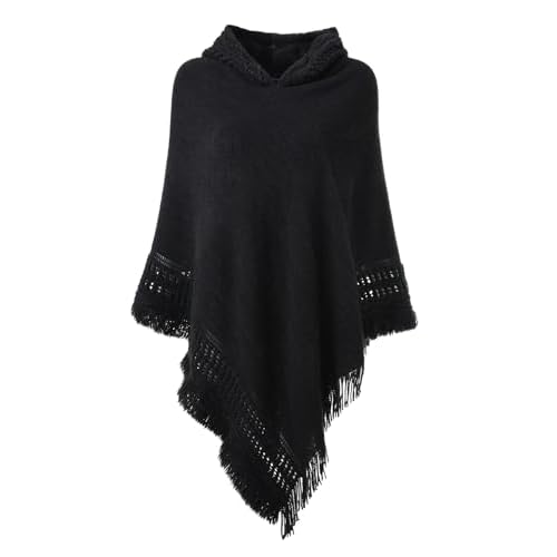 Ferand Ladies' Hooded Cape with Fringed Hem, Crochet Poncho Knitting Patterns for Women One Size Black