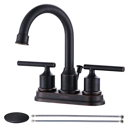 WOWOW Bronze Bathroom Faucet: Centerset, 3 Hole with Drain Stopper, Supply Hoses, 2 Handle, 360 Swivel Spout Centerset Oil Rubbed Bronze