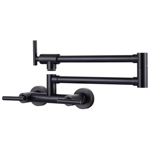 WOWOW Pot Filler Faucet for Both Hot Cold Water, Solid Brass Pot Filler Oil Rubbed Bronze, Wall Mount Folding Stove Faucet with Double Joint Swing Arm