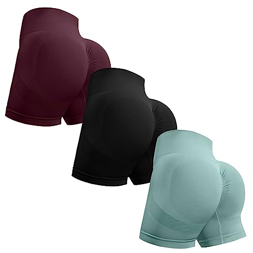 OVESPORT 3 Piece Workout Shorts for Women Seamless Scrunch Butt Lifting High Waisted Yoga Gym Booty Running Short Pants Small Wine-red-Black-Light-blu