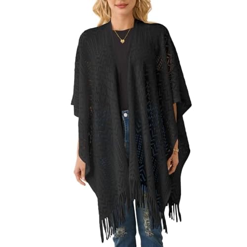 Ferand Women's Fringe Crochet Shawl Wraps Lightweight Open Front Poncho Cardigan for Spring Summer Black