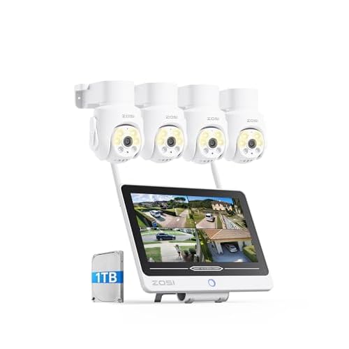 ZOSI 5MP Kit Cámaras de Vigilancia WiFi6 con 12” Monitor, 8CH 4K NVR y 1TB HDD con 4X Cámara IP Exterior Pan y Tilt de 360°, Detección y Seguimi