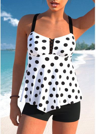 Modlily Polka Dot Asymmetry White Tankini Set - M
