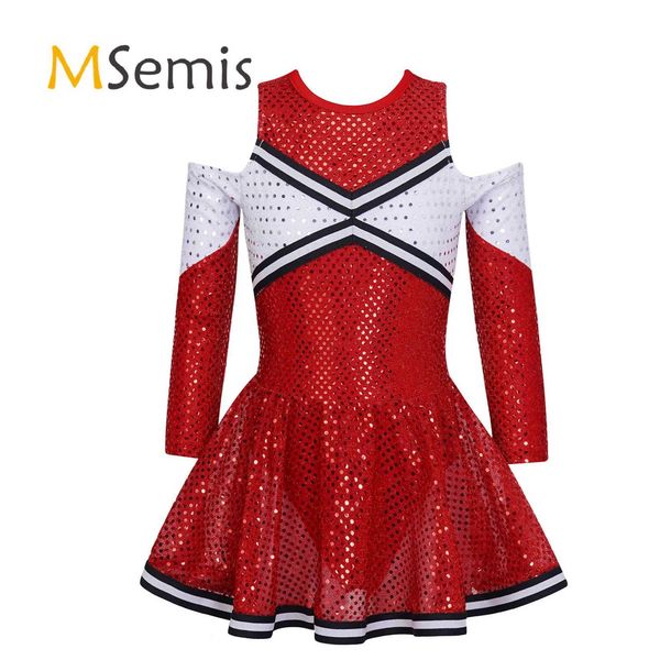 Kids Girls Cheerleading Uniform Dance Costume Long Sleeve Off-shoulder Round Neckline Contrast Color Shiny Sequins Dance DressW250121