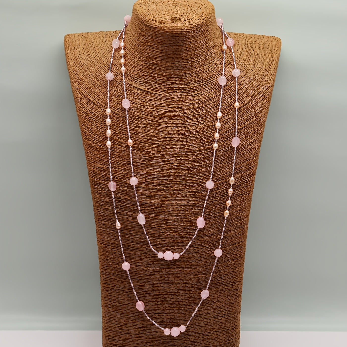 TEMU Elegant 69" Handmade Boho Chic Multi-layered Necklace With Beads & Freshwater Pearls - Luxurious Natural Stone Jewelry For Casual Attire &