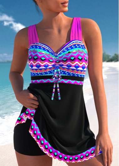 Modlily Bowknot African Tribal Print Neon Rose Red Tankini Set - M