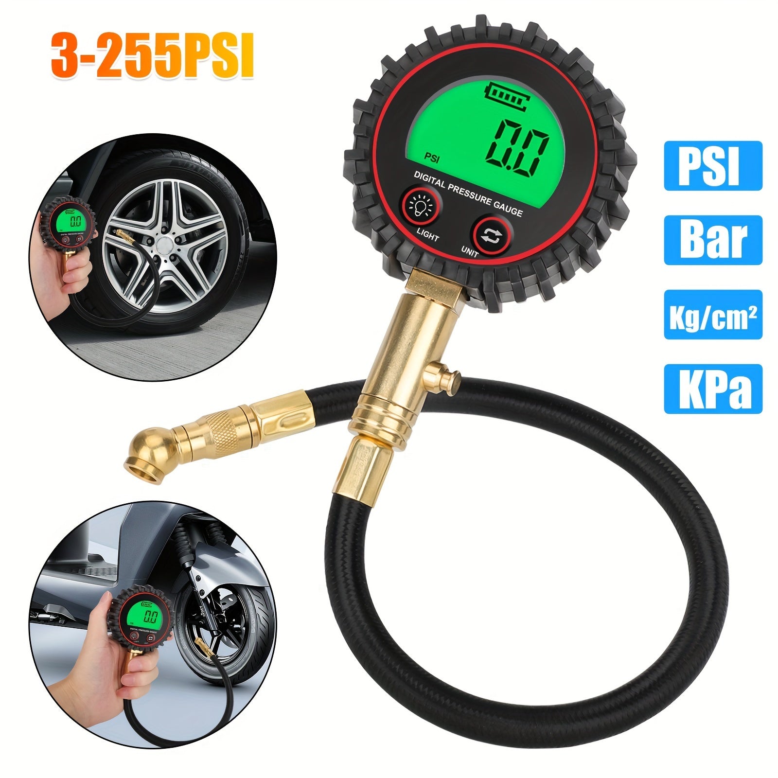TEMU Pressure Tire Gauge, 3-255 Psi Lcd Digital Tire Inflator, Universal For Car, Motorcycle, Suv, Bike