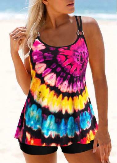 Modlily Metal Ring Tie Dye Print Tankini Set - S
