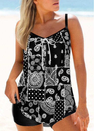 Modlily Bowknot Tribal Print Black Tankini Top - S