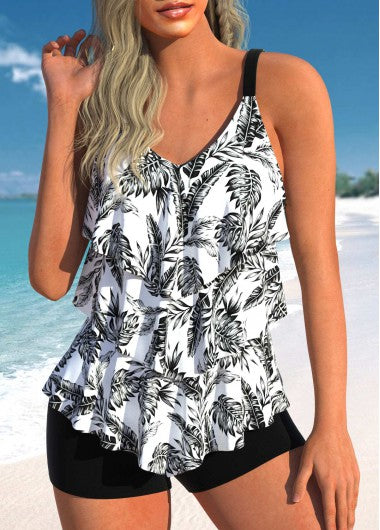 Modlily Layered Leaf Print White Tankini Set - S