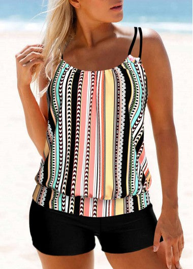 Modlily Multi Stripe Print Double Straps Tankini Top - M