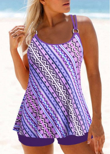 Modlily Metal Ring Geometric Print Purple Tankini Top - M