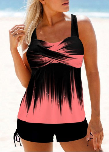 Modlily Surplice Ombre Pink Wide Strap Tankini Top - S