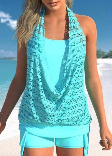 Modlily Lace Mint Green Hollow Tankini Top - L