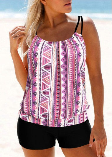 Modlily Geometric Print Light Pink Double Straps Tankini Top - S