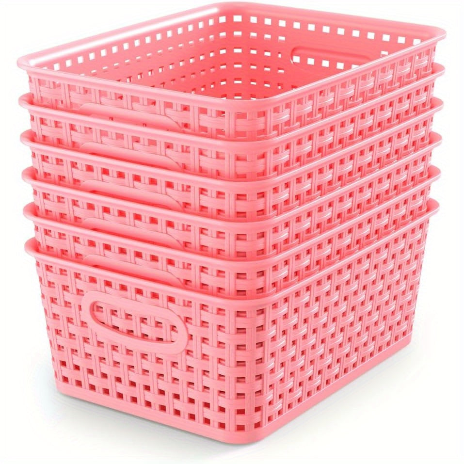 TEMU 6pcs Stackable Pink Plastic Storage Bins - High-quality Durable, Open With Ventilation Holes, Suitable For Home, Office, Desktop, Wardrobe,