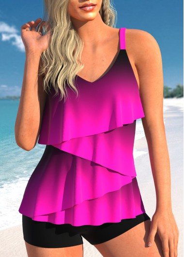 Modlily Asymmetry Ombre Neon Rose Red Tankini Set - L