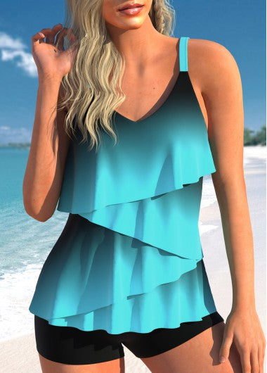 Modlily Layered Hem Ombre Cyan Tankini Set - L