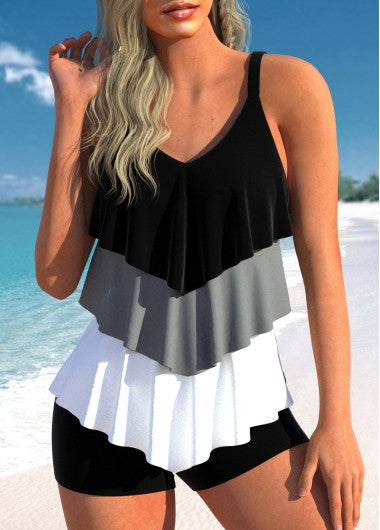 Modlily Handkerchief Hem Black Contrast Tankini Set - M