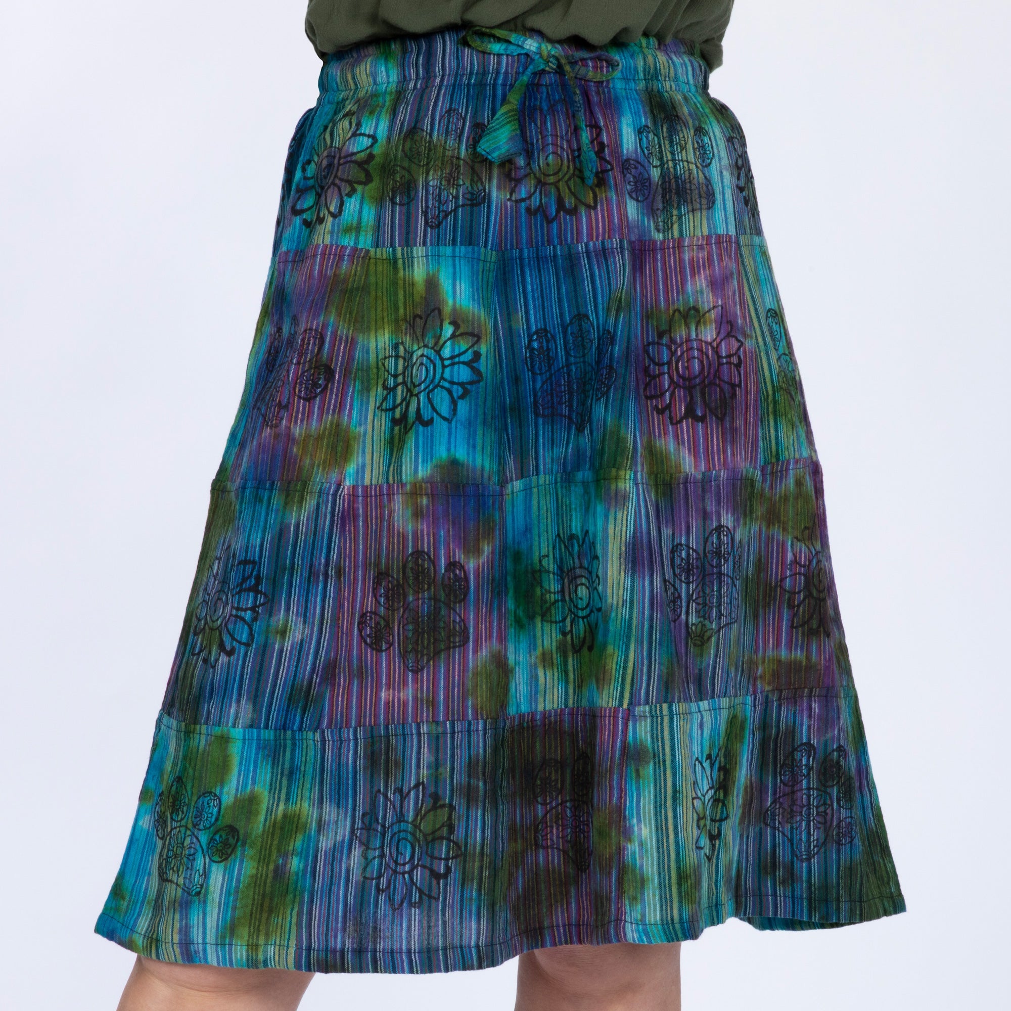 Tie-Dye Patchwork Paw Print Midi Skirt - L