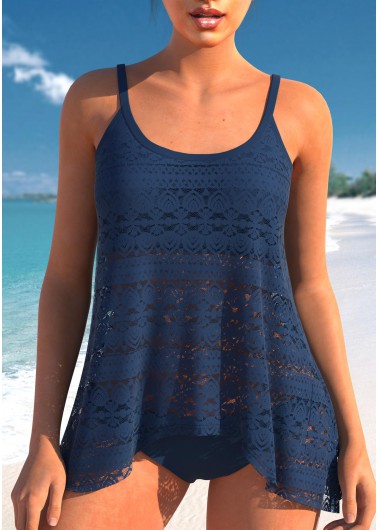 Modlily Lace Navy Spaghetti Strap Tankini Top - S