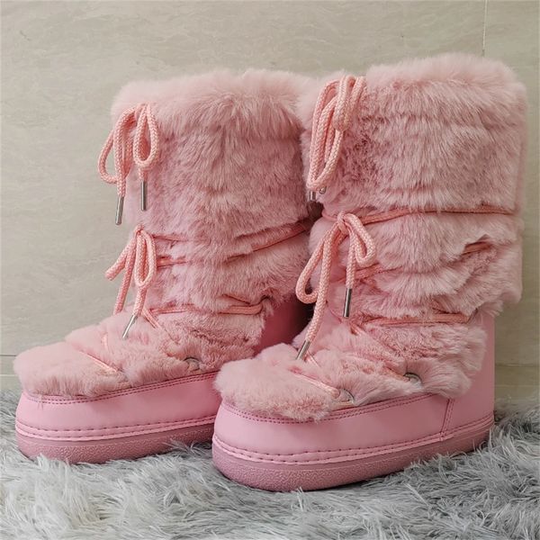 Womens artificial fur leather boots with middle claw strap waterproof platform snow boots for winter warm and comfortable womens pink ski bo