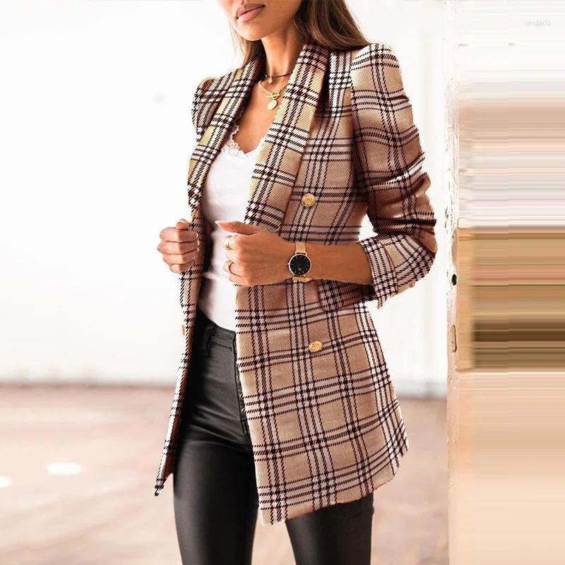 Women&#039;s Suits Women Jacket Autumn Traf Fashion Double Breasted Tweed Blazer Coat Vintage Long Sleeve Female Outerwear Chic Top