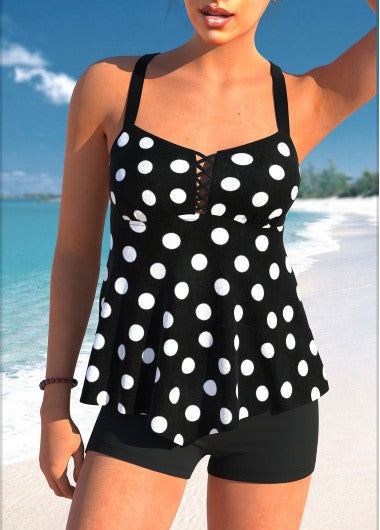 Modlily Handkerchief Hem Polka Dot Black Tankini Top - S