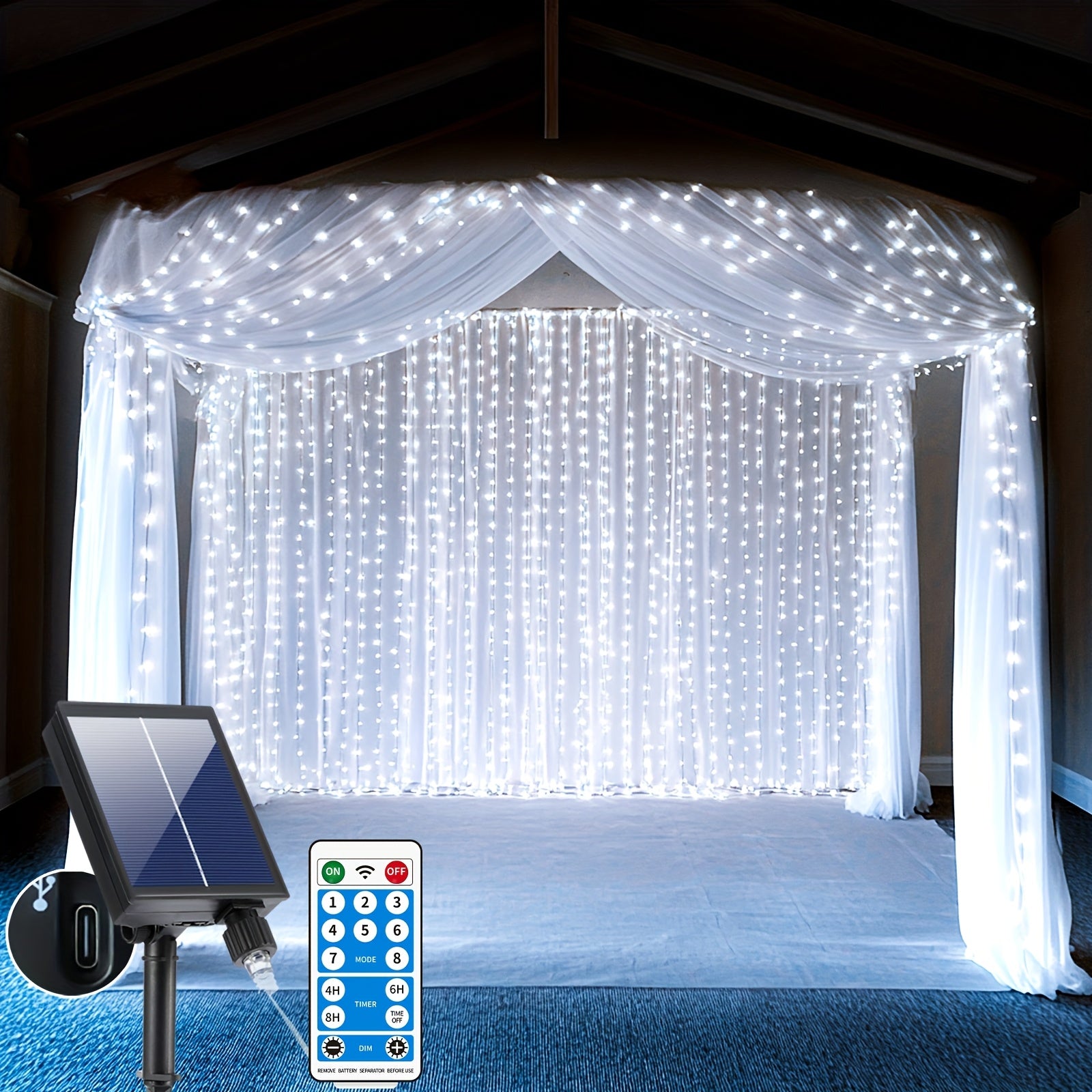 TEMU 0 Electricity Fee All Year Upgraded Version Solar Curtain Light 316 Led Outdoor Solar Waterfall Light 8 With Usb Rechargeable Remote Control