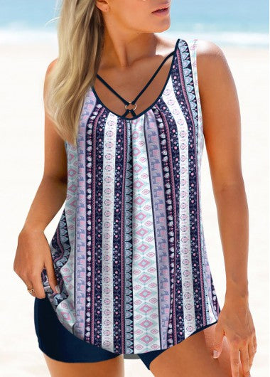 Modlily Metal Ring Tribal Print Multi Color Tankini Top - S