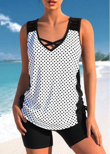 Modlily Criss Cross Polka Dot White Tankini Top - S
