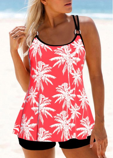 Modlily Metal Ring Leaf Print Coral Red Tankini Set - S