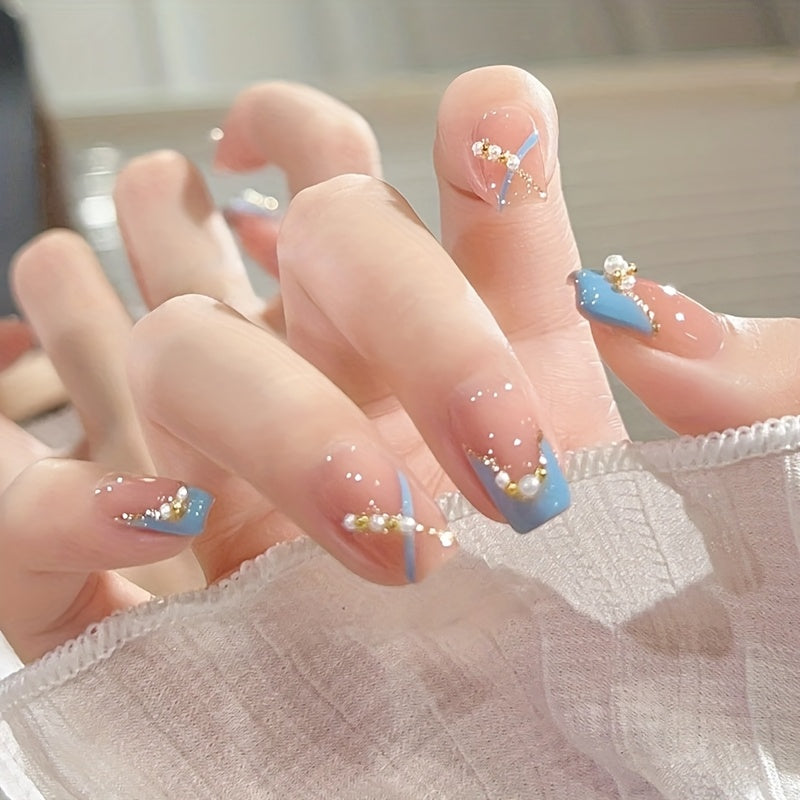 TEMU 24pcs Of Glossy Short Square Fake Nails With A Blue Gradient And Floral Design, Accompanied By A Jelly Glue And A Nail File. Long Nail
