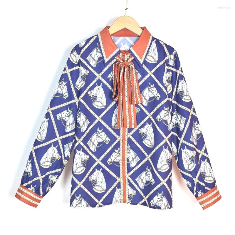 Women&#039;s Blouses Luxury Brand Design Horse 2025 Summer Autumn Blue Long Sleeves Elegant Shirts For Women Vintage Outerwears Top Trf Clothes