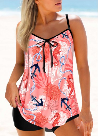 Modlily Bowknot Tropical Plants Print Coral Red Tankini Set - S