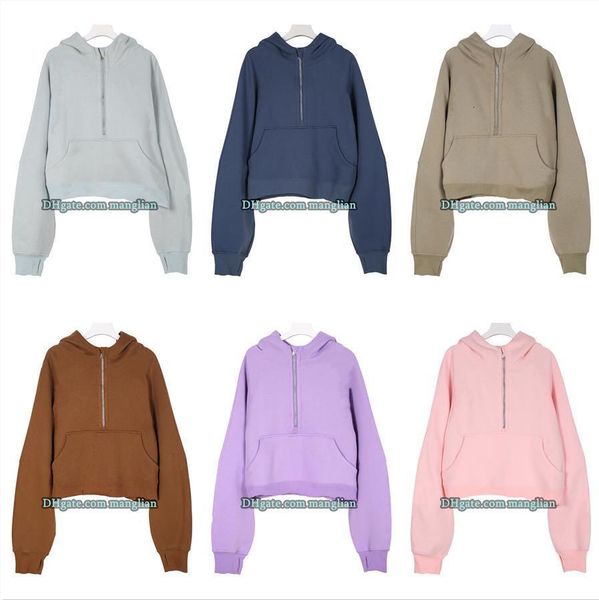 Designer Women Yoga Hoodie Half-Zip Pullover Sweatshirt Line Detail Comfortable Cotton Activewear Yoga Gym Training Fitness Workouts Yoga Cl