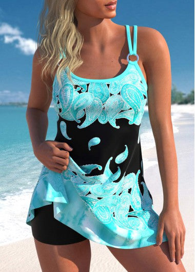 Modlily Circular Ring Paisley Print Cyan Tankini Set - S