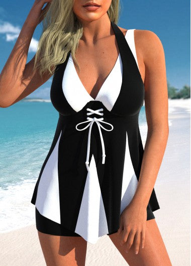 Modlily Lace Up Black Tankini Set - L