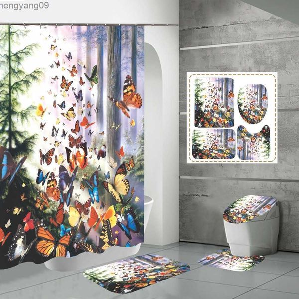 Shower Curtains Blue Butterfly Shower Curtain Polyester Waterproof Bathroom Curtain Carpet Rugs Set Non-slip Kitchen-Bath Mat Bathroom R2308