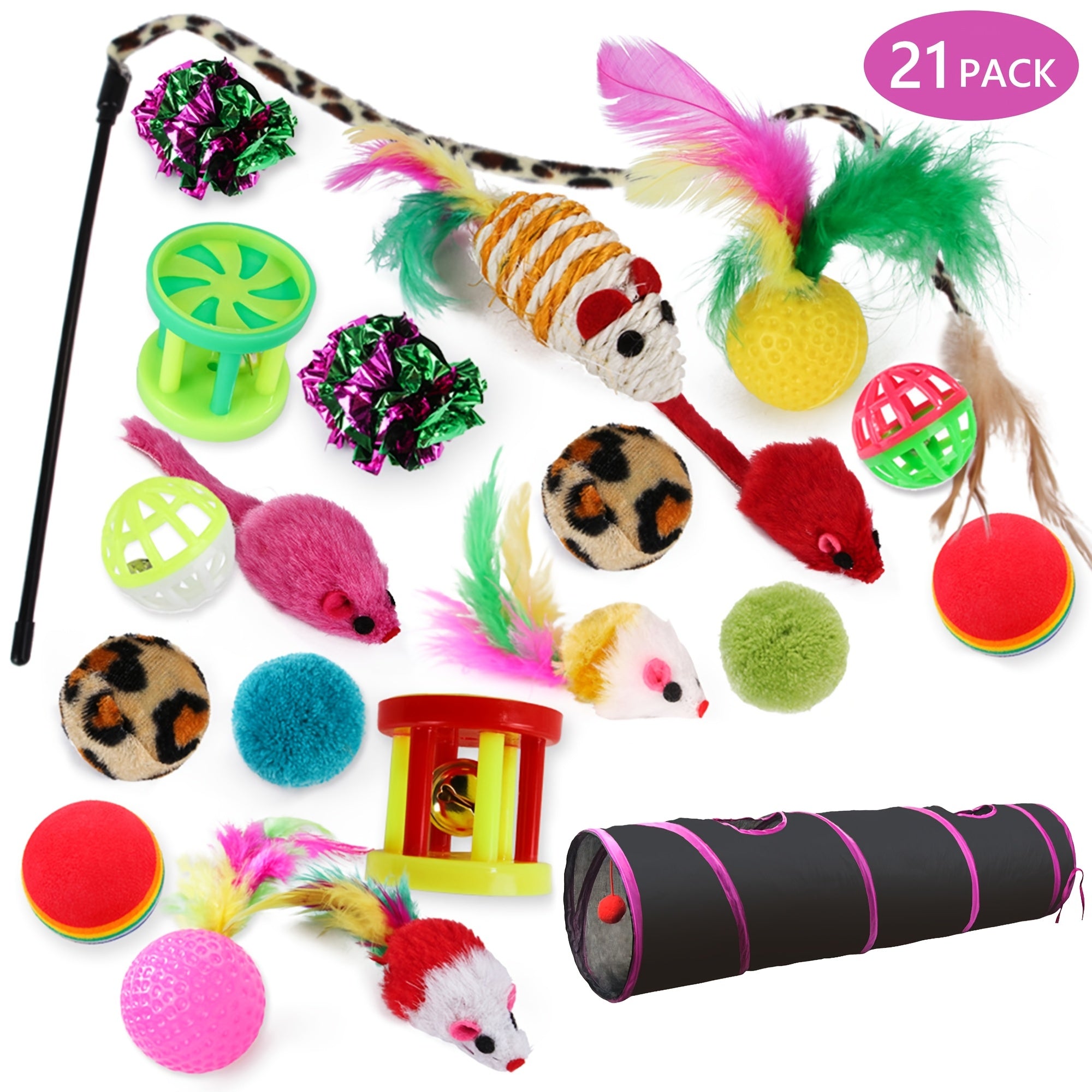 TEMU 21pcs Cat Toys Kitten Toy Set Tunnel Interactive Cat Toys Straight Through Kitten Tunnel Leopard Print Teasing Stick Fluffy Mouse For Cats