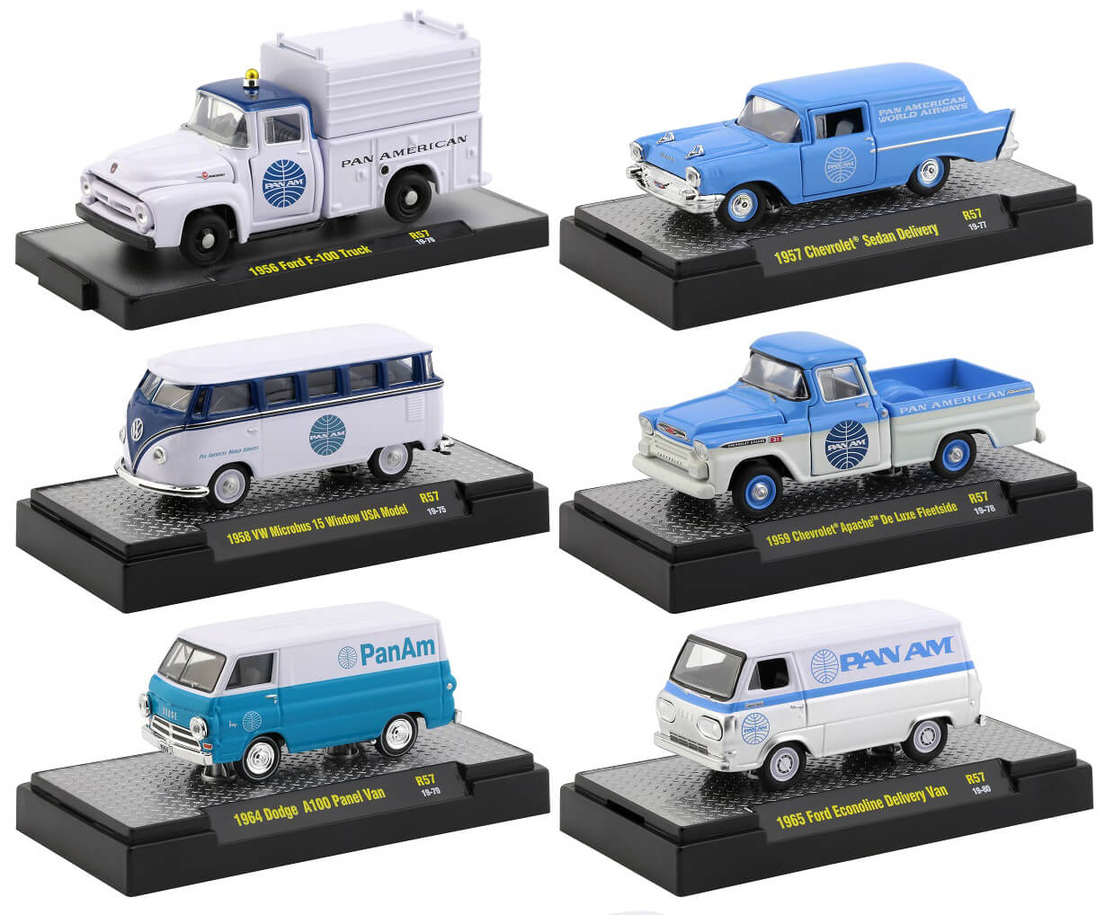 "Auto Trucks" Release 57 Set of 6 pieces "Pan American World Airways" (Pan Am) IN DISPLAY CASES 164 Diecast Model Cars by M2 Machines