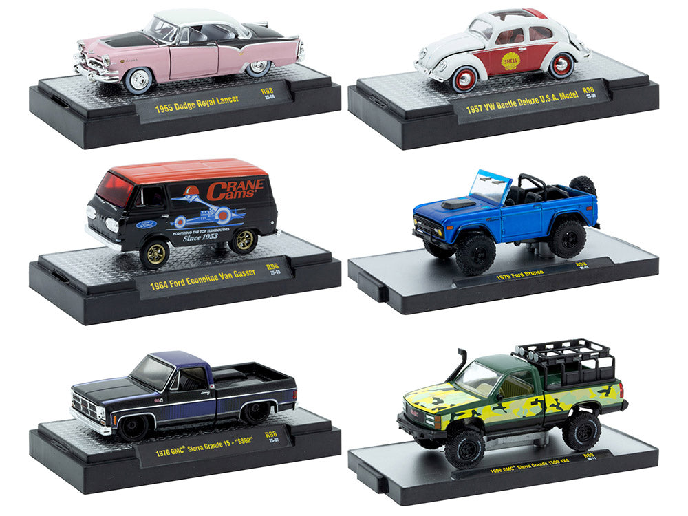 "Auto-Thentics" 6 piece Set Release 98 IN DISPLAY CASES Limited Edition 164 Diecast Model Cars by M2 Machines