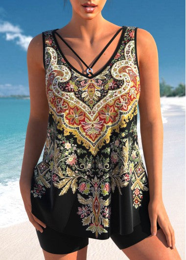 Modlily Metal Ring Tribal Print Black Tankini Top - S
