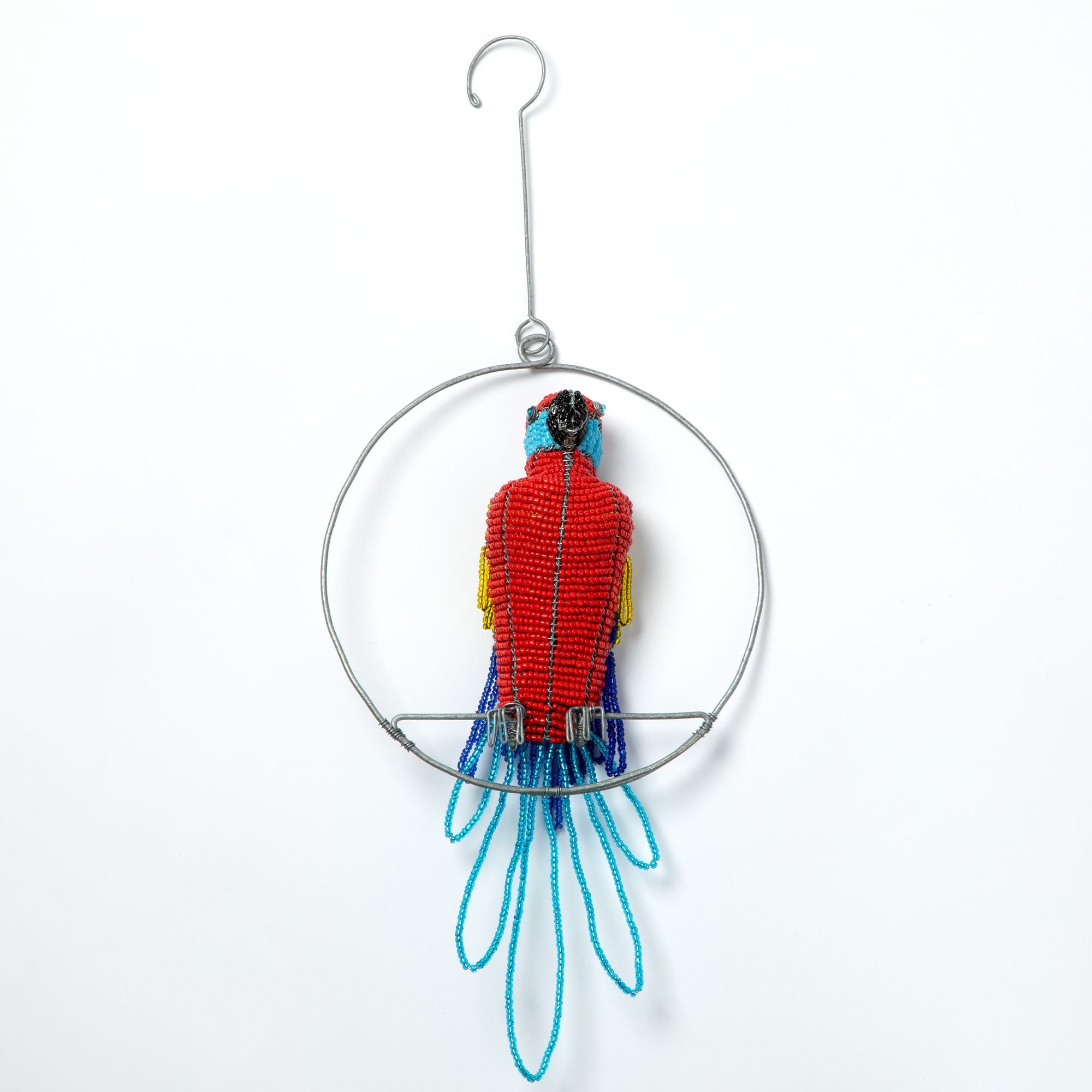 Hand-Beaded Swinging Parrot Decor - Red
