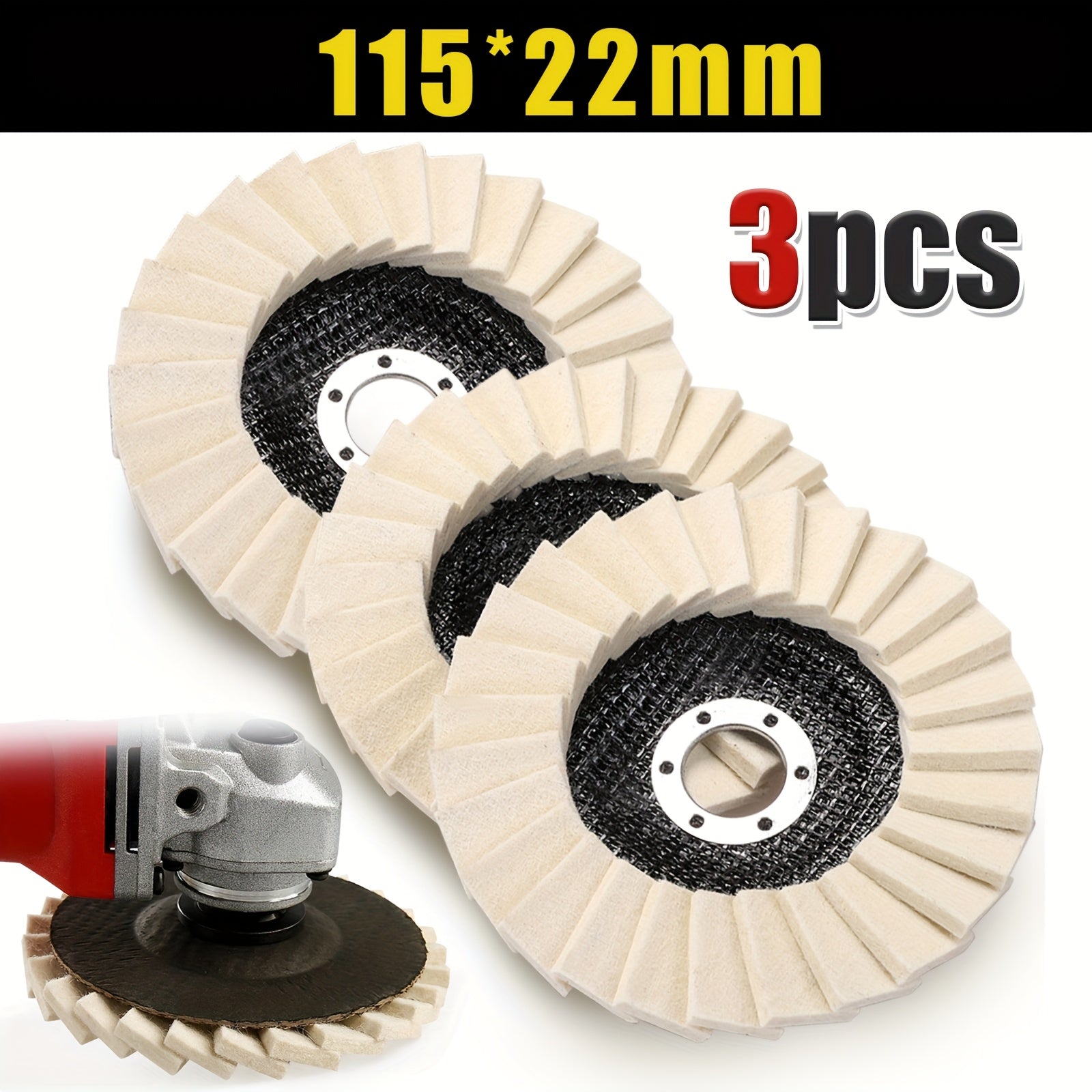 TEMU Pack Of 3 Industrial Quality Felt Wheels, 115mm-125mm (4.5in-5in), Fine-polishable, Hard-wearing, Durable And Wool Blind Wheels, Ideal For