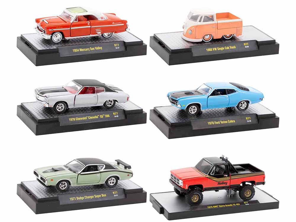 "Auto Meets" Set of 6 Cars IN DISPLAY CASES Release 77 Limited Edition 164 Diecast Model Cars by M2 Machines