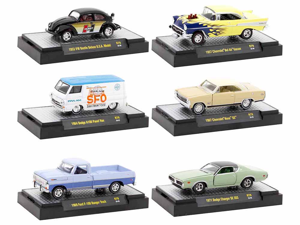 "Auto Meets" Set of 6 Cars IN DISPLAY CASES Release 79 Limited Edition 164 Diecast Model Cars by M2 Machines